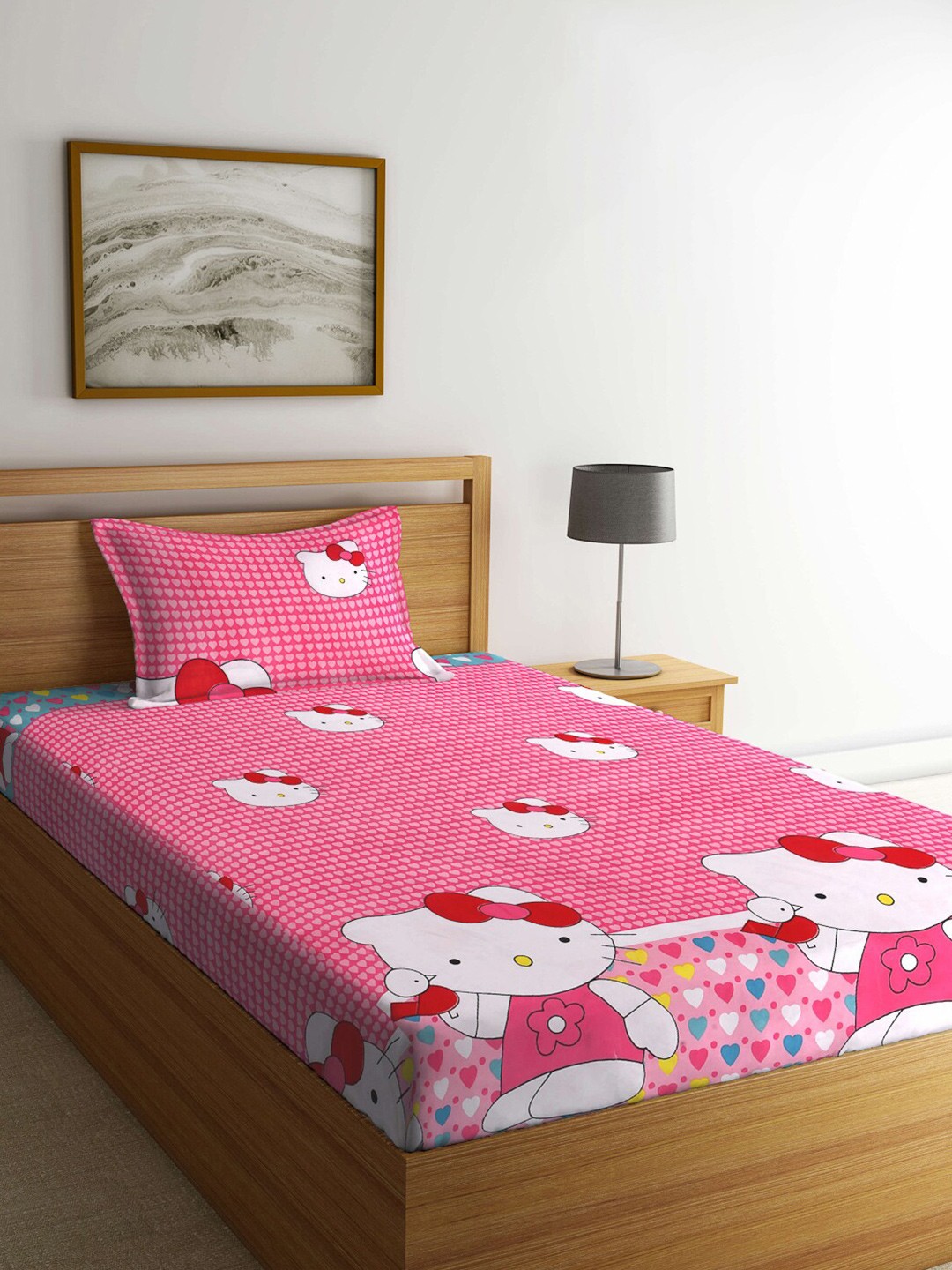 

KLOTTHE Pink & White Cartoon Characters Fitted 300 TC Single Bedsheet with 1 Pillow Covers