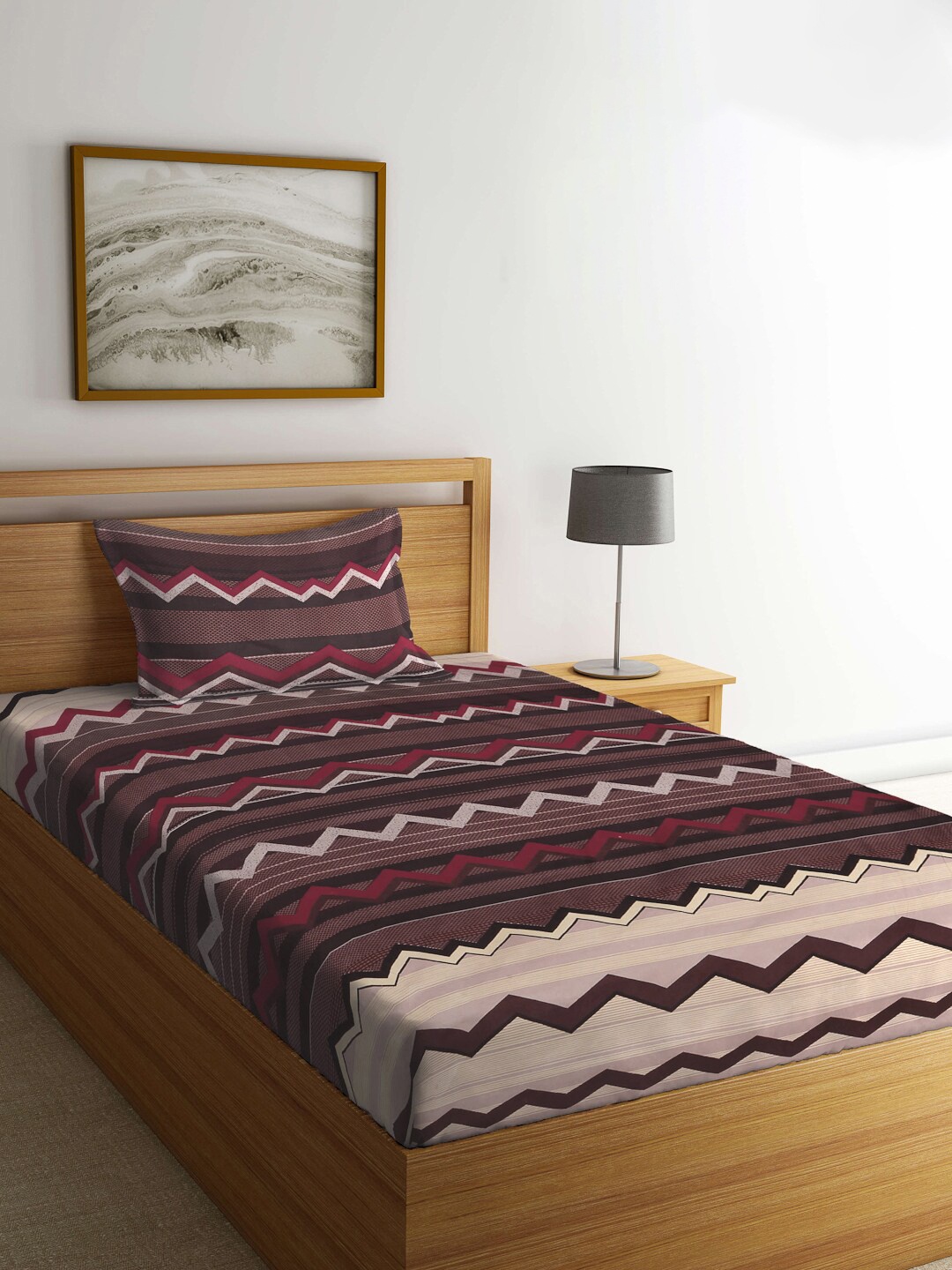

KLOTTHE Grey & Purple Geometric Fitted 300 TC Single Bedsheet with 1 Pillow Covers