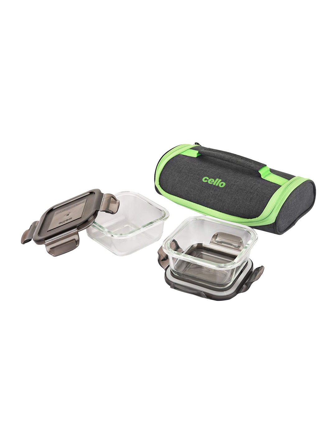 

Cello Black Set of 2 Dishwasher Safe Glass Lunch Box With Lunch Bag 350 ml Each, Transparent