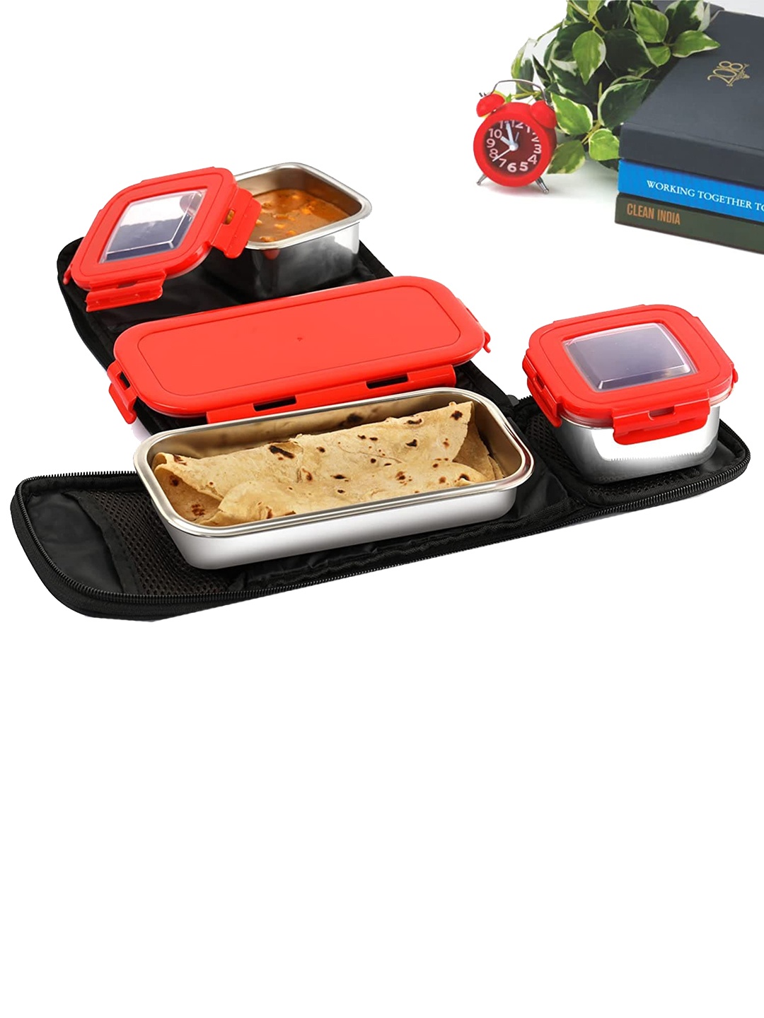 

Cello Red Pieces of 3 Dishwasher Safe Solid Stainless Steel Lunch Box With Bag
