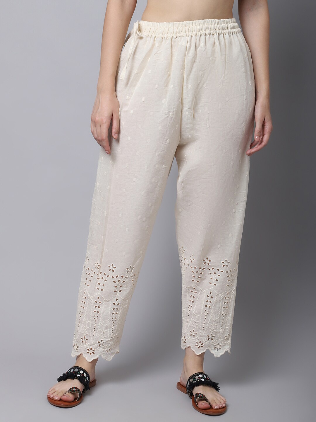 

TAG 7 Women Self Design Floral Palazzos, Cream