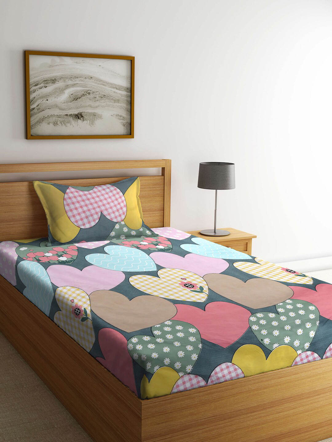 

KLOTTHE Green & Peach-Coloured 300 TC Single Bedsheet with 1 Pillow Covers