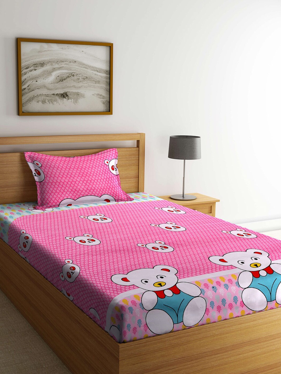 

KLOTTHE Pink & White Cartoon Characters 300 TC Single Bedsheet with 1 Pillow Covers