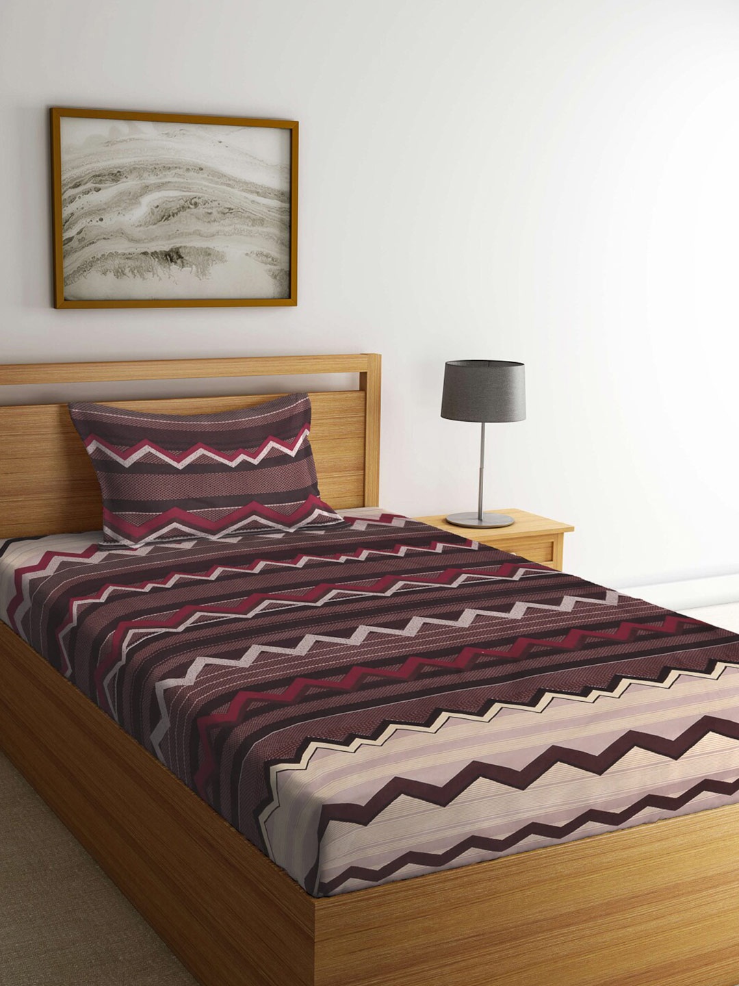 

KLOTTHE Brown & Maroon Geometric 300 TC Single Bedsheet with 1 Pillow Covers