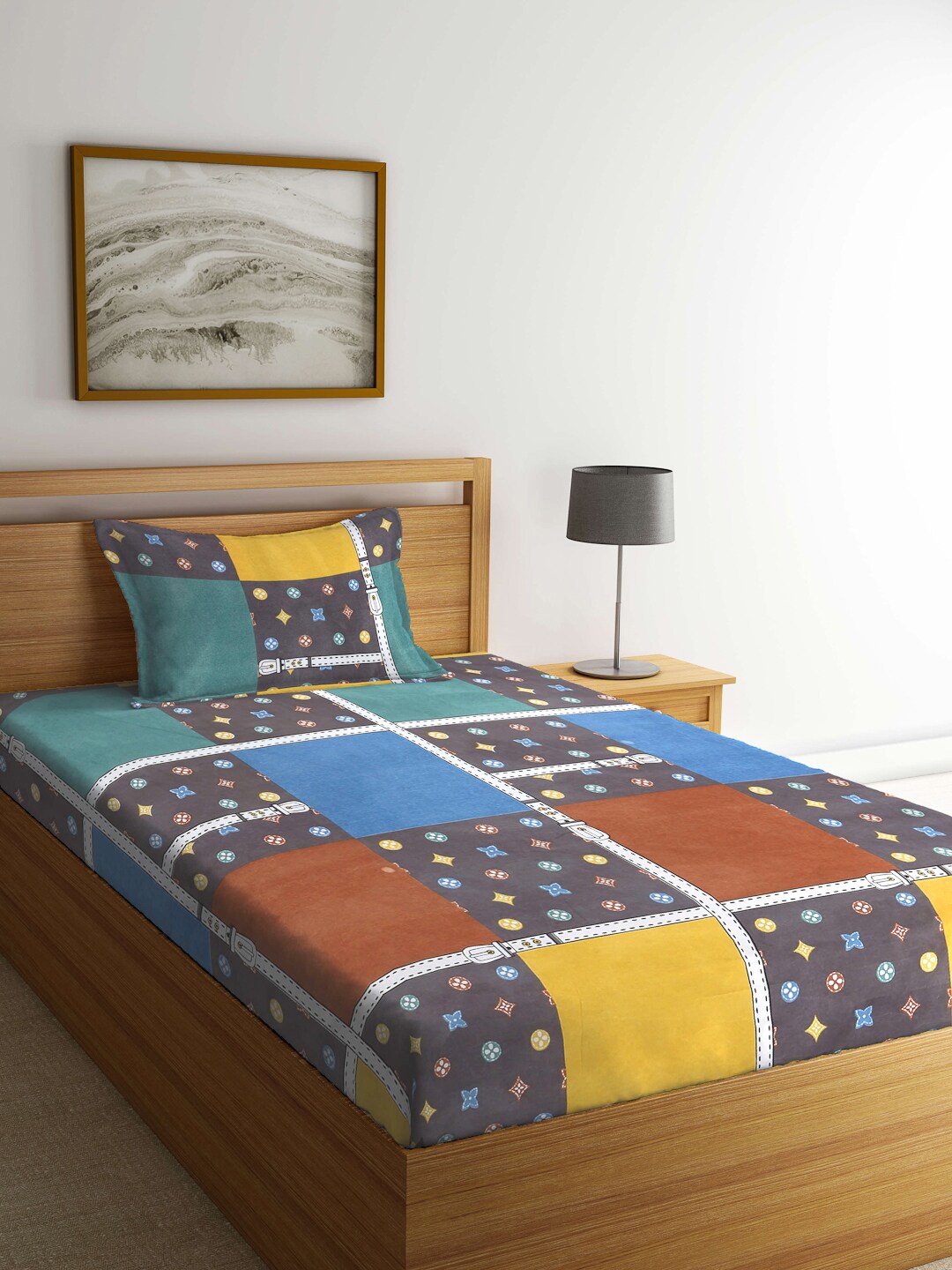 

KLOTTHE Blue & Yellow Geometric 300 TC Single Bedsheet with 1 Pillow Covers