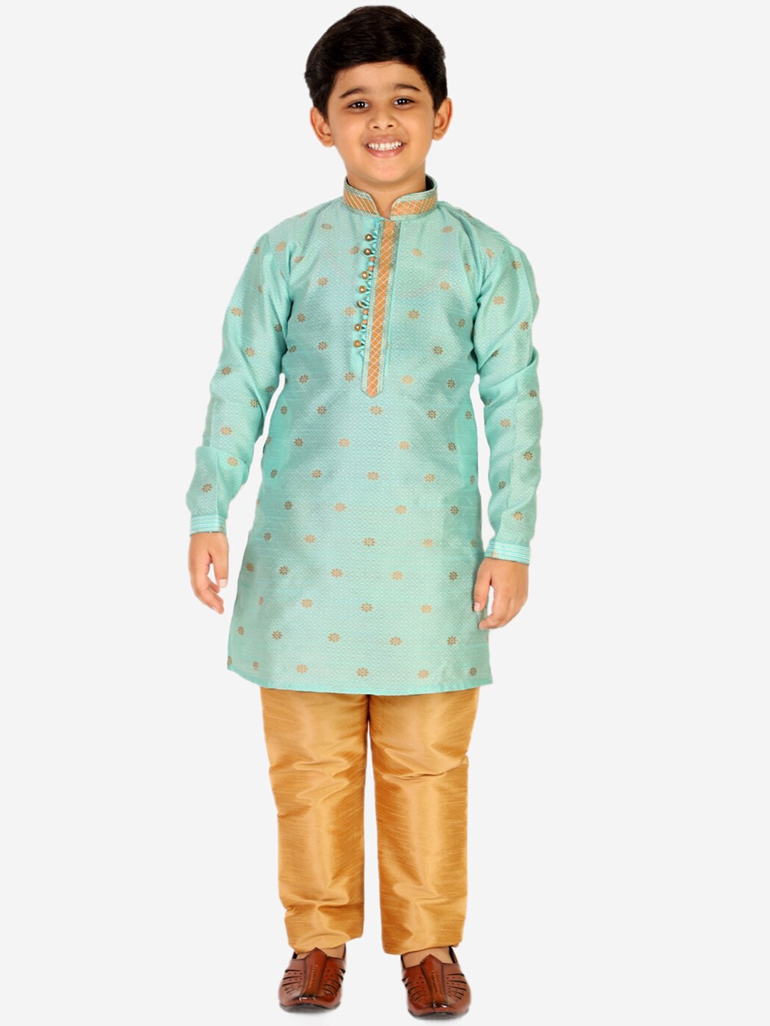 

Pro-Ethic STYLE DEVELOPER Boys Sea Green Ethnic Motifs Pure Silk Kurti with Pyjamas