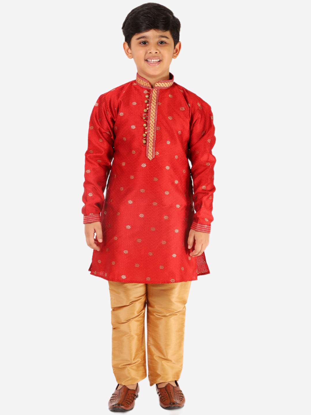 

Pro-Ethic STYLE DEVELOPER Boys Ethnic Motifs Printed Pure Silk Kurti with Pyjamas, Maroon