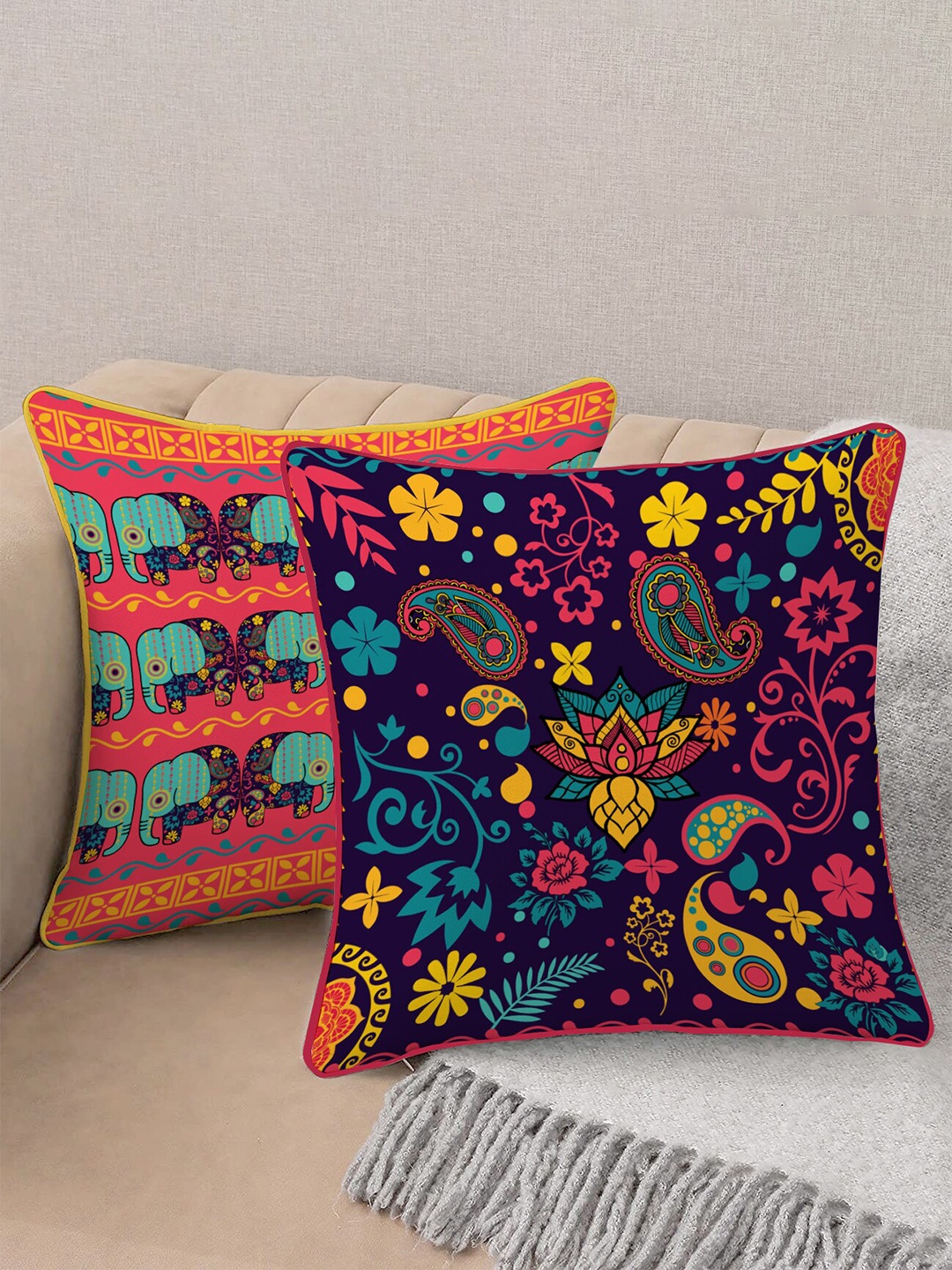 

STITCHNEST Blue & Yellow Set of 2 Ethnic Motifs Velvet Square Cushion Covers