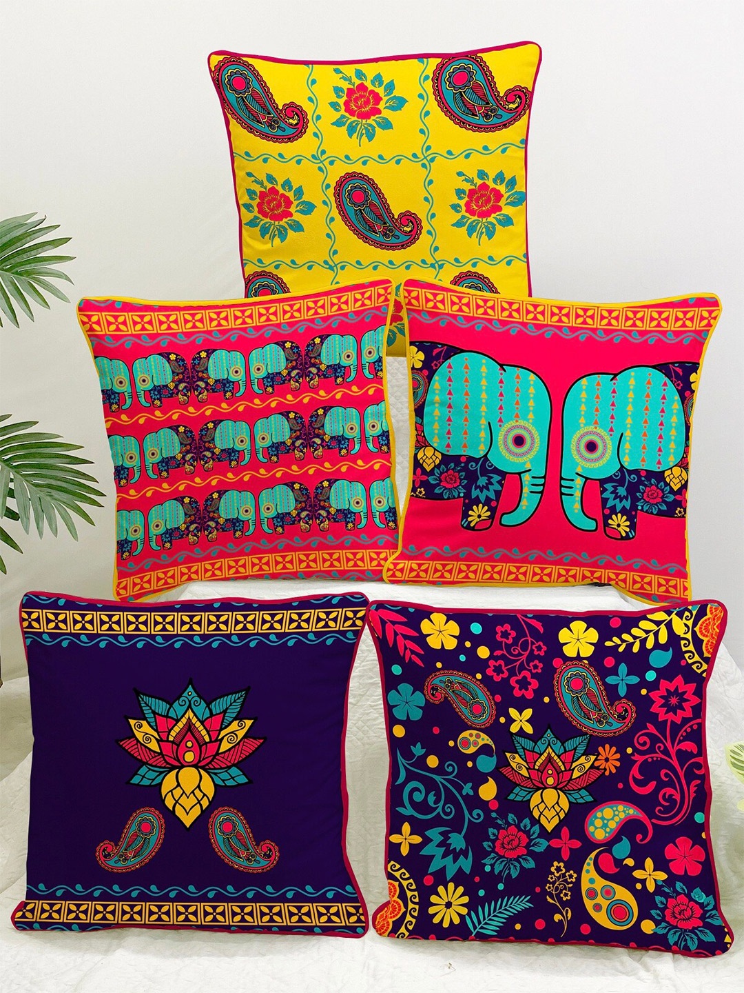 

STITCHNEST Blue & Orange Set of 5 Floral Velvet Square Cushion Covers