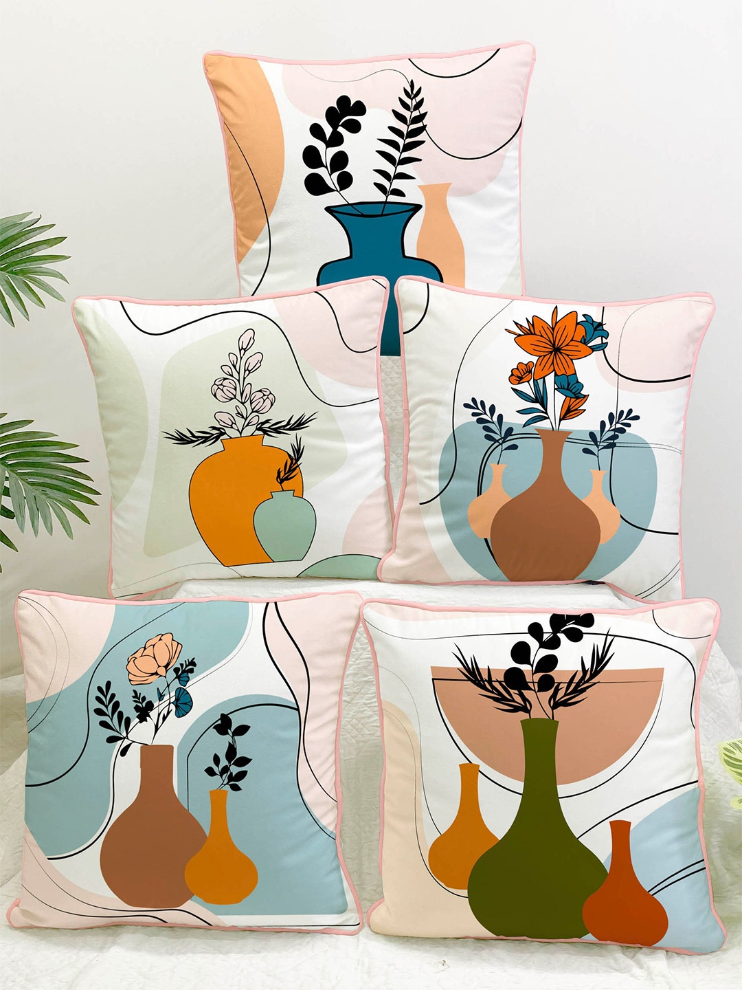 

STITCHNEST White & Blue Set of 5 Floral Velvet Square Cushion Covers