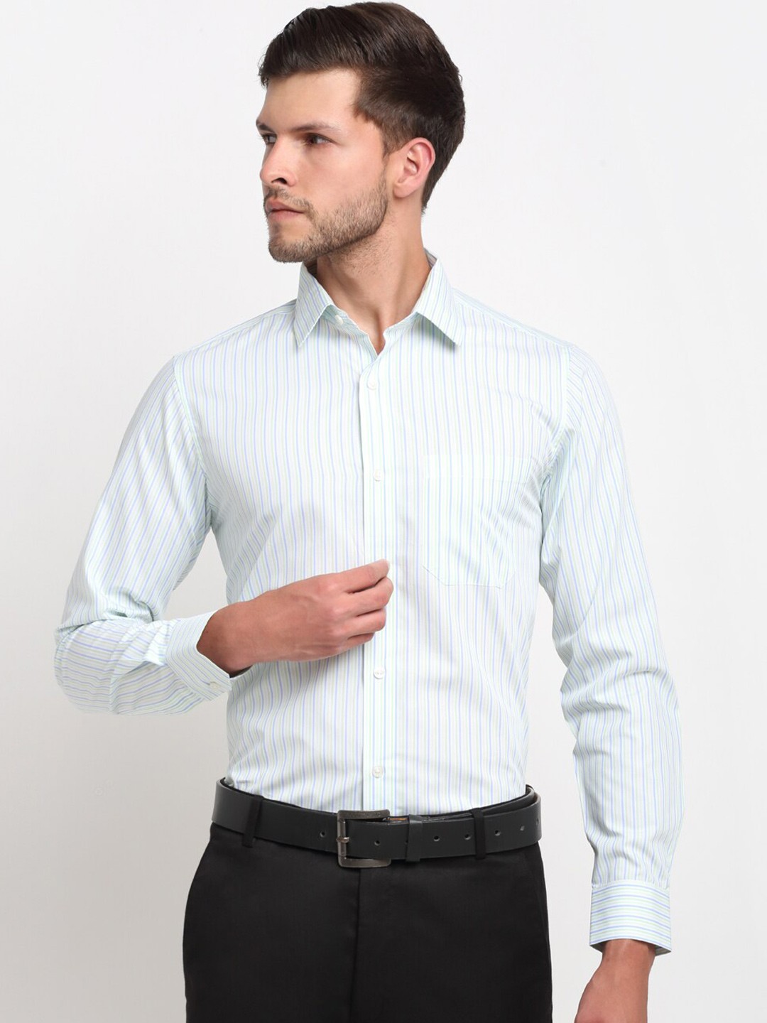 

FINNOY Men White & Light Green New Slim Fit Striped Giza Cotton Formal Shirt