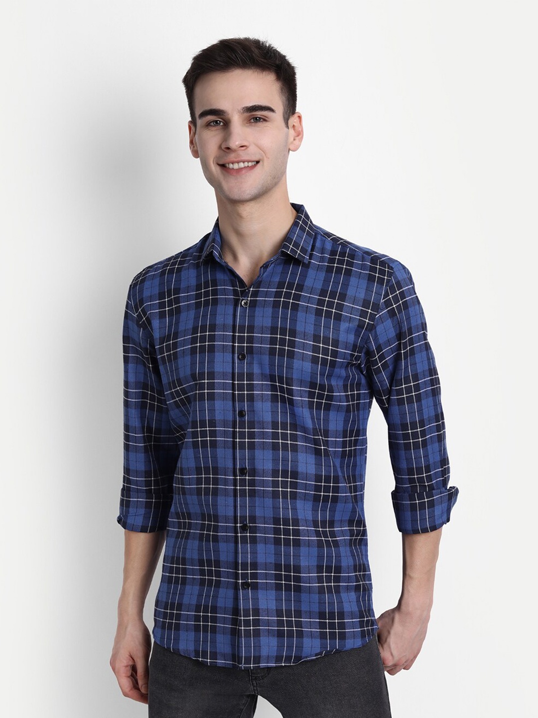 

FINNOY Men Blue New Slim Fit Grid Tattersall Checks Checked Casual Shirt