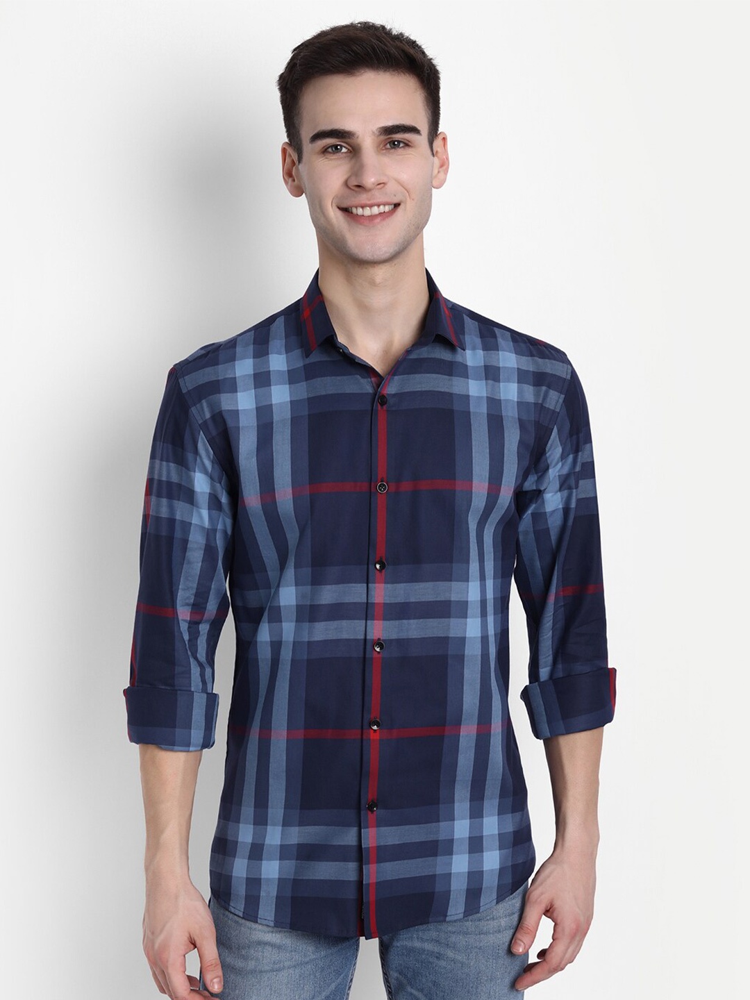 

FINNOY Men Blue New Slim Fit Tartan Checks Checked Casual Shirt