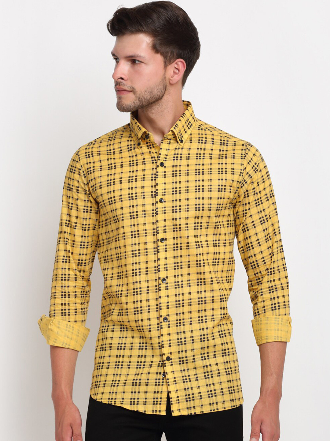 

FINNOY Men Yellow New Slim Fit Checked Casual Shirt