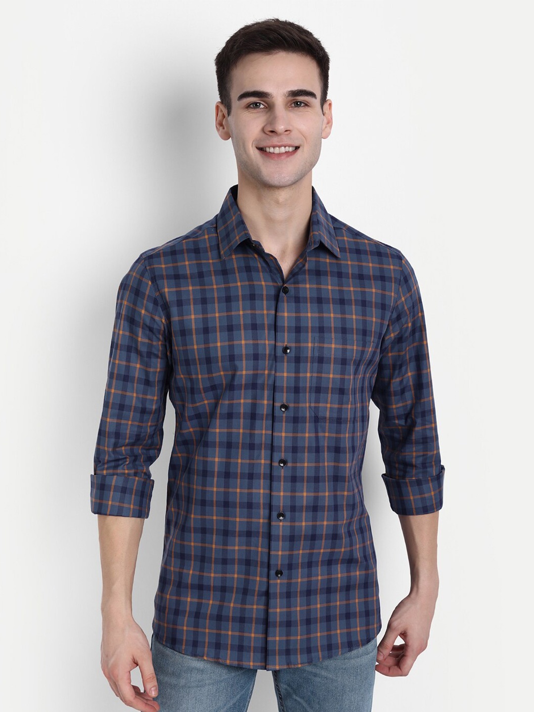 

FINNOY Men Blue New Slim Fit Checked Giza Cotton Casual Shirt