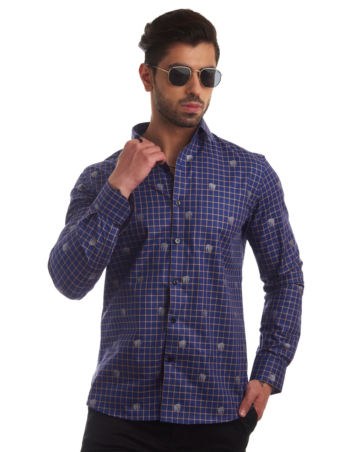 

FINNOY Men Blue New Slim Fit Grid Tattersall Checked Giza Cotton Designer Shirt