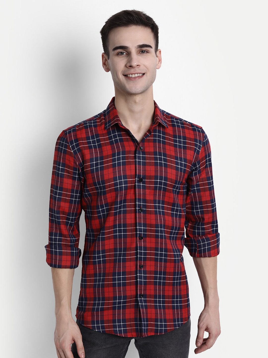 

FINNOY Men Red New Slim Fit Tartan Checks Checked Casual Shirt