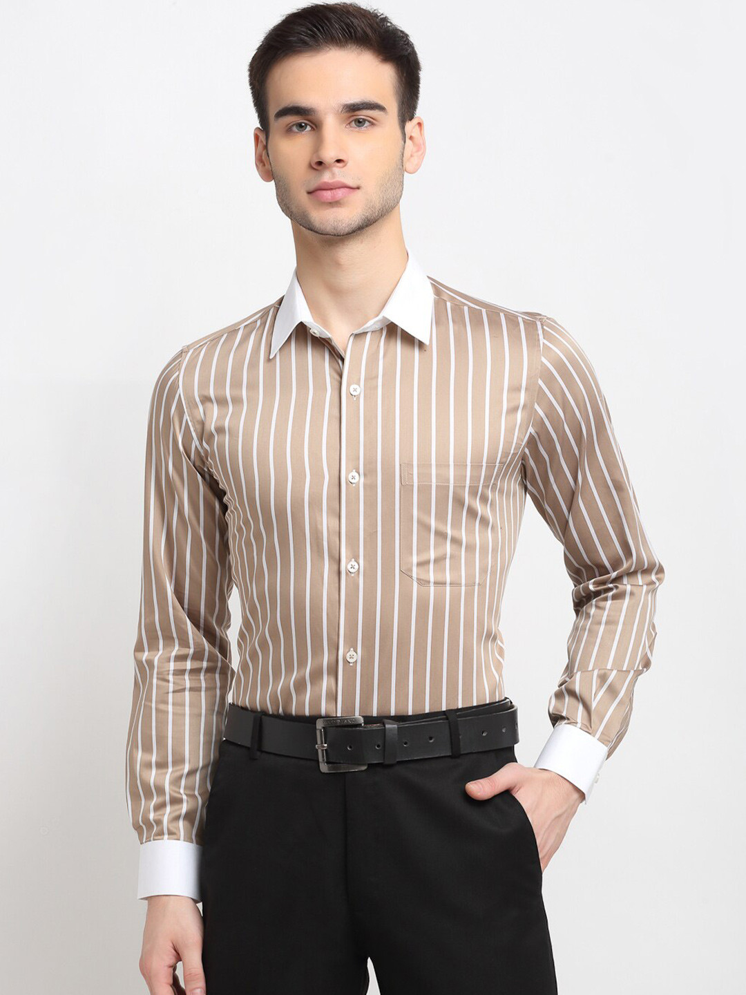 

FINNOY Men Brown Giza Cotton Striped Formal Shirt