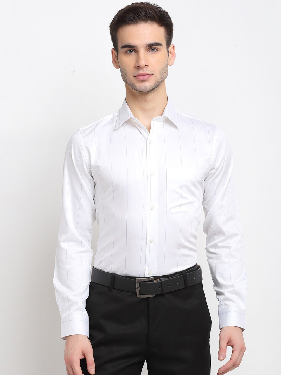 

FINNOY Men White New Striped Giza Cotton Formal Shirt