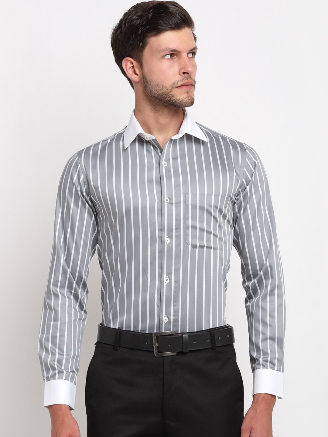 

FINNOY Men Grey New Striped Egyptian Giza Cotton Formal Shirt