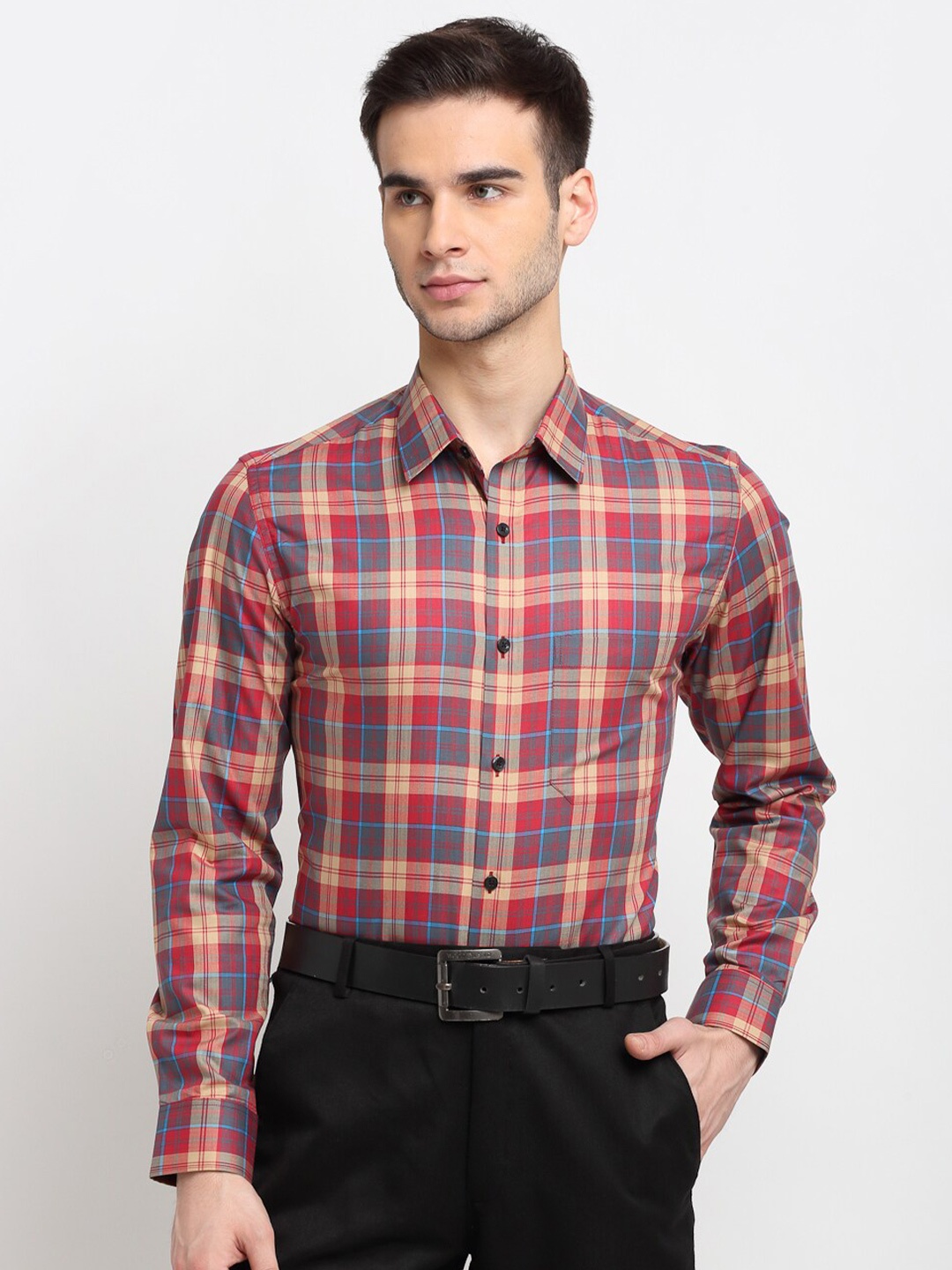 

FINNOY Men Brown New Slim Fit Tartan Checks Egyptian Giza Cotton Formal Shirt