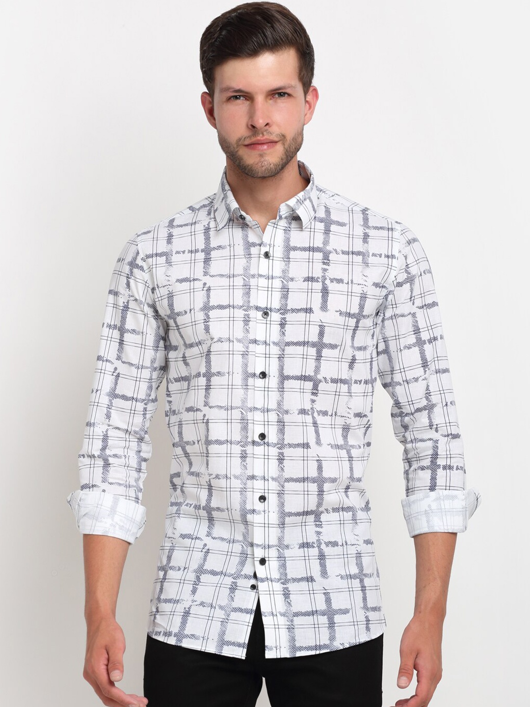 

FINNOY Men White New Slim Fit Checked Casual Shirt