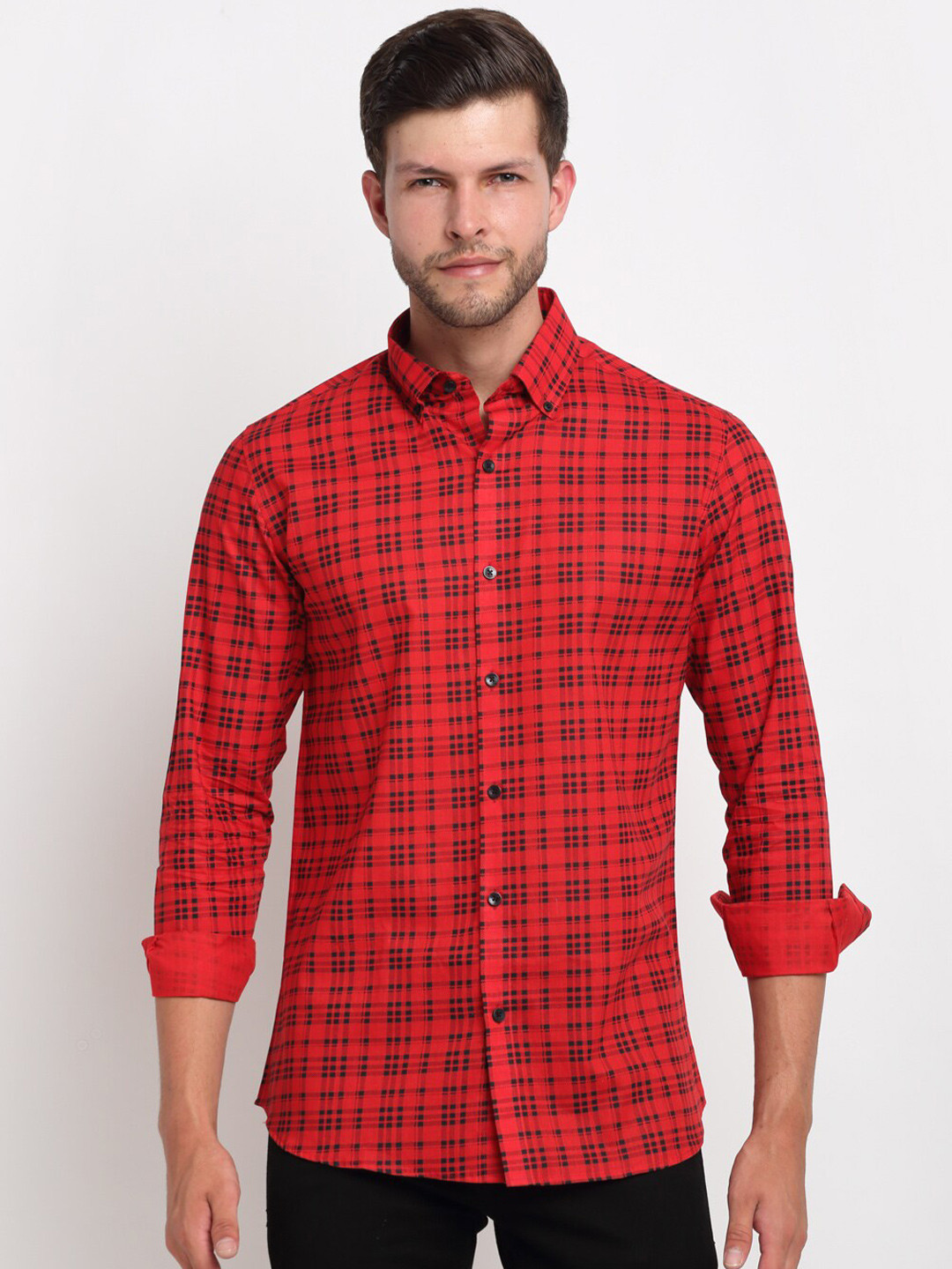 

FINNOY Men Red New Slim Fit Checked Casual Shirt