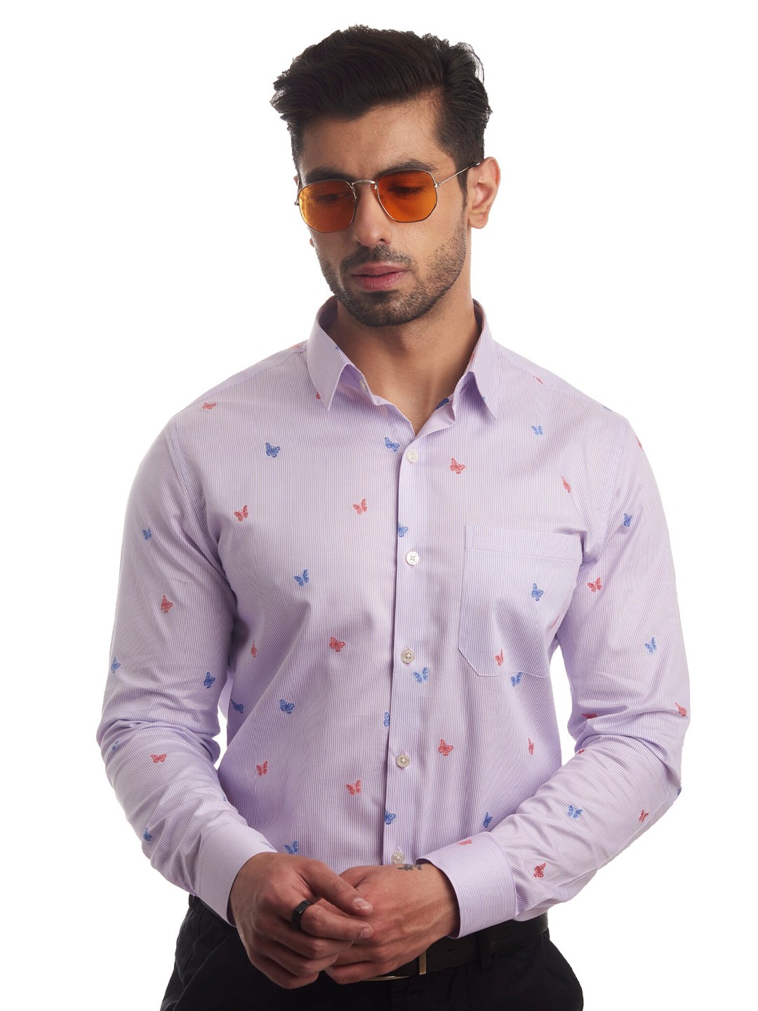 

FINNOY Men Lavender New Slim Fit Printed Giza Cotton Semiformal Shirt