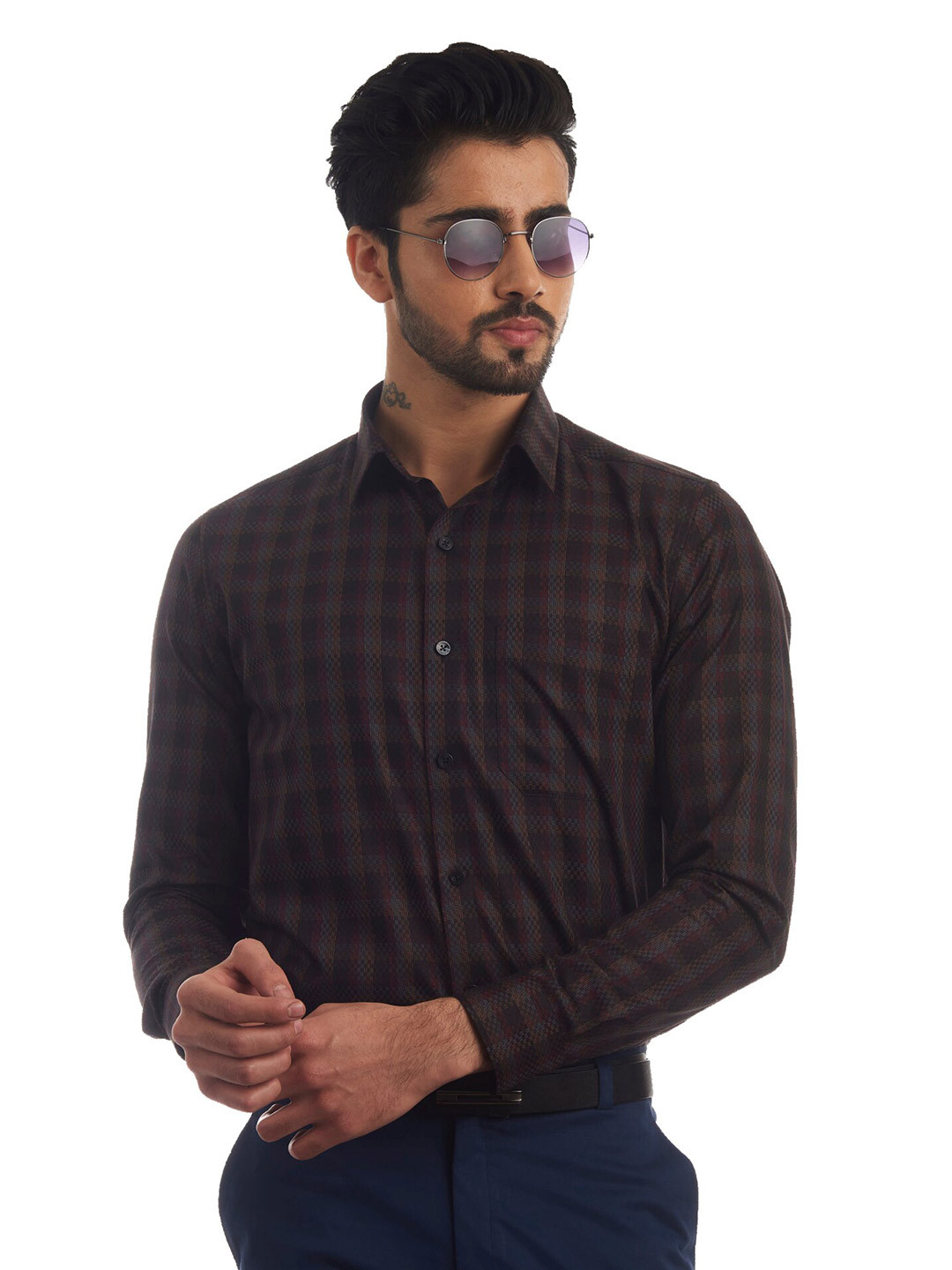 

FINNOY Men Coffee Brown New Slim Fit Checked Egyptian Giza Cotton Semiformal Shirt