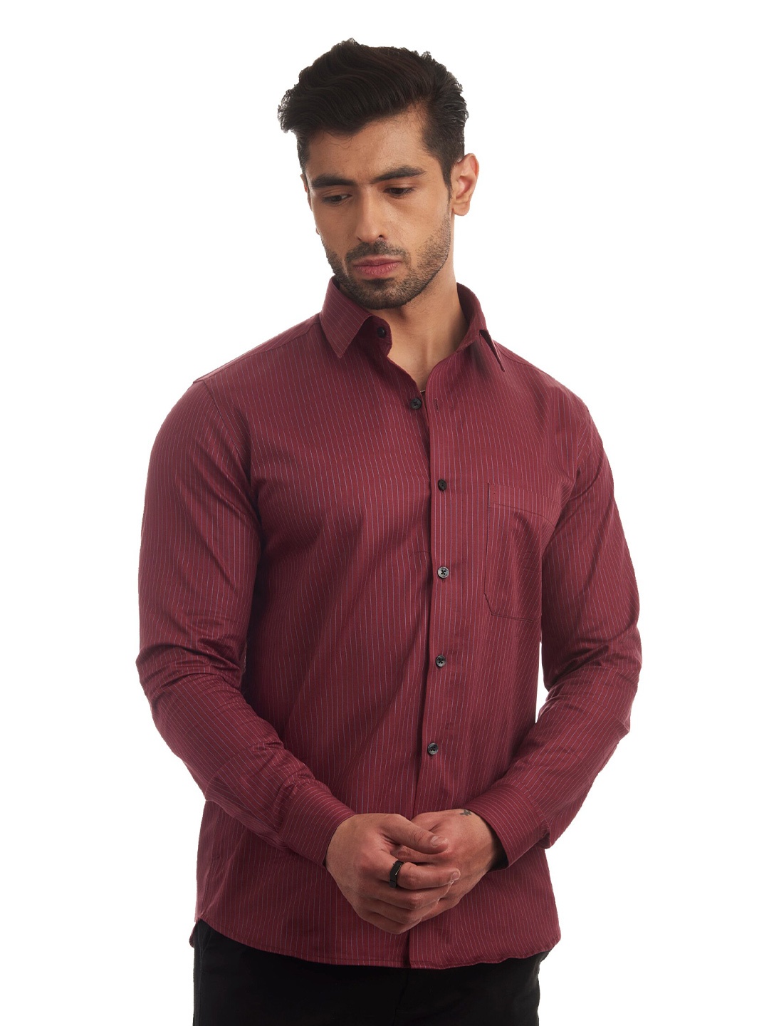 

FINNOY Men Red New Slim Fit Striped Giza Cotton Semiformal Shirt