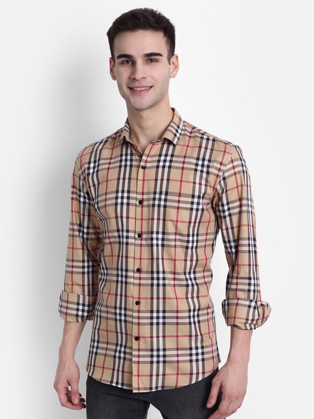 

FINNOY Men Brown Slim Fit Tartan Checks Giza Cotton Casual Shirt