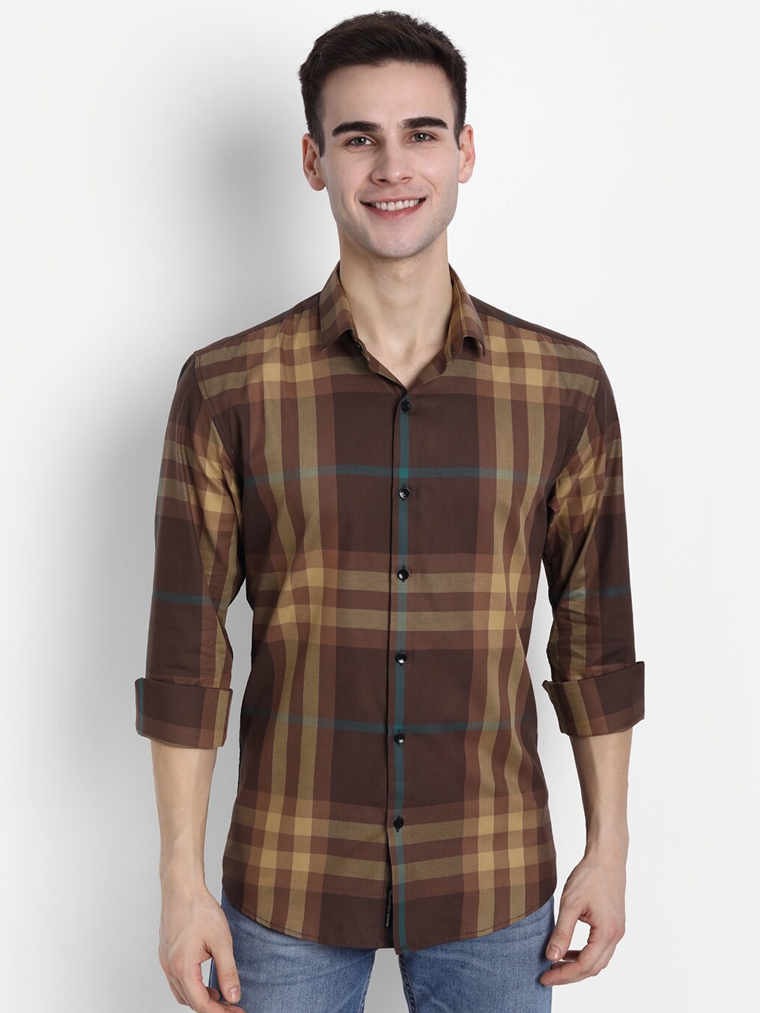 

FINNOY Men Brown Slim Fit Checked Egyptian Giza Cotton Casual Shirt