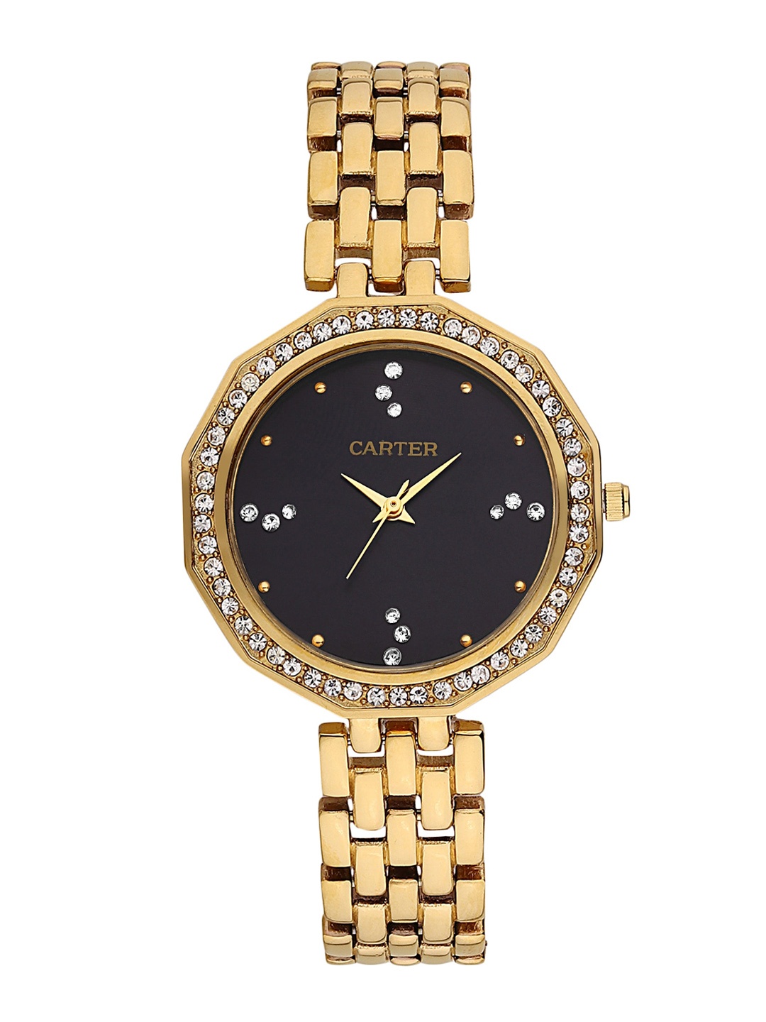 

Sandy D Carter Women Black Brass Embellished Dial & Gold Toned Bracelet Style Straps Analogue Watch