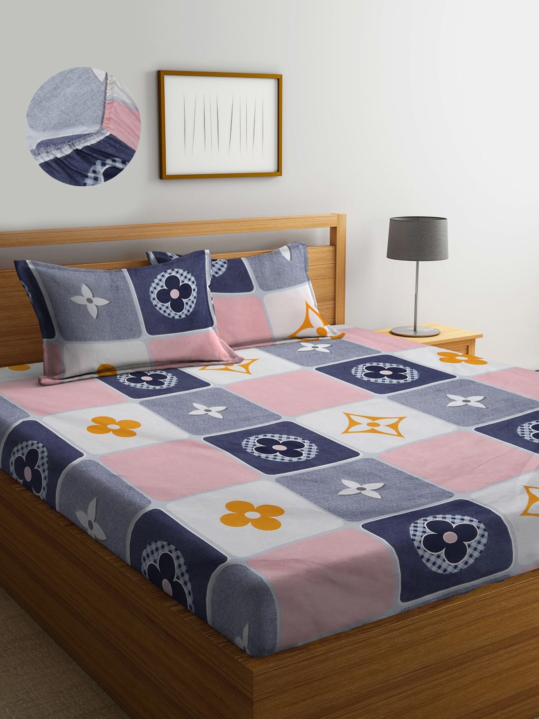 

KLOTTHE Geometric 300 TC Fitted King Bedsheet with 2 Pillow Covers, Blue