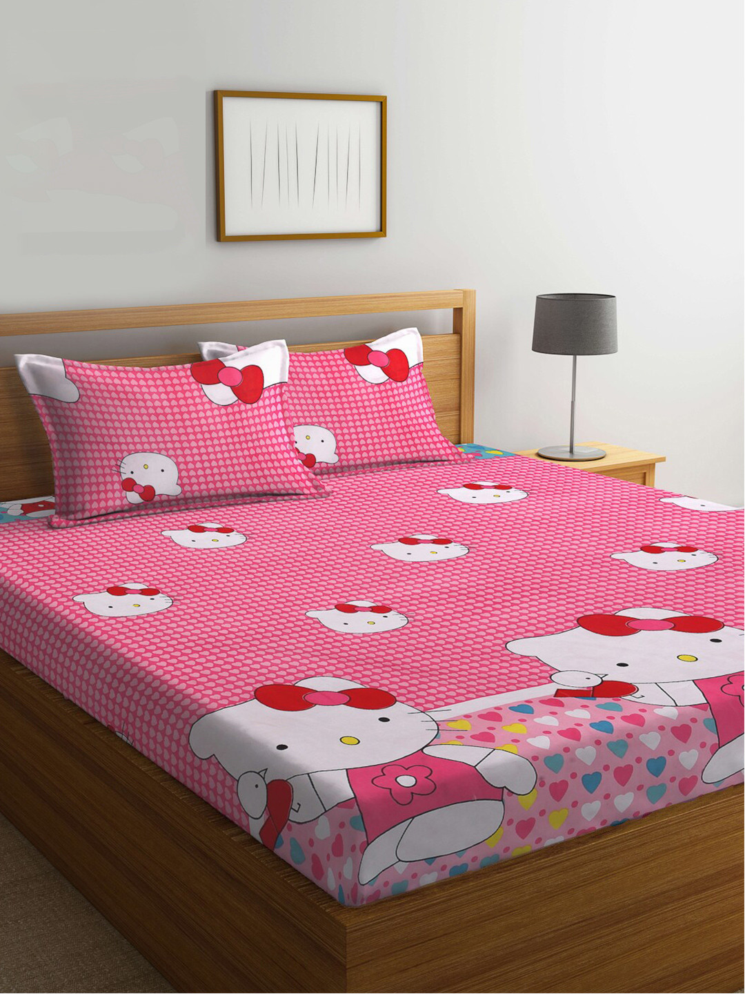 

KLOTTHE Cartoon Characters Printed 300 TC Fitted King Bedsheet with 2 Pillow Covers, Pink
