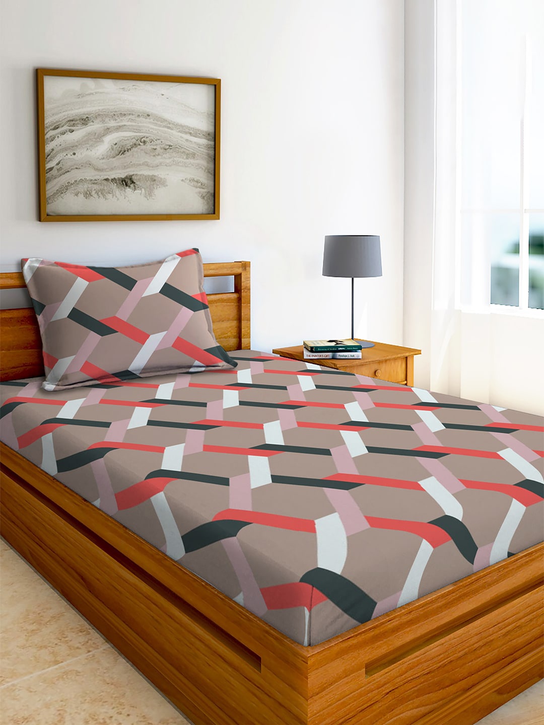 

AEROHAVEN Brown & Red Geometric 210 TC Single Bedsheet with 1 Pillow Covers