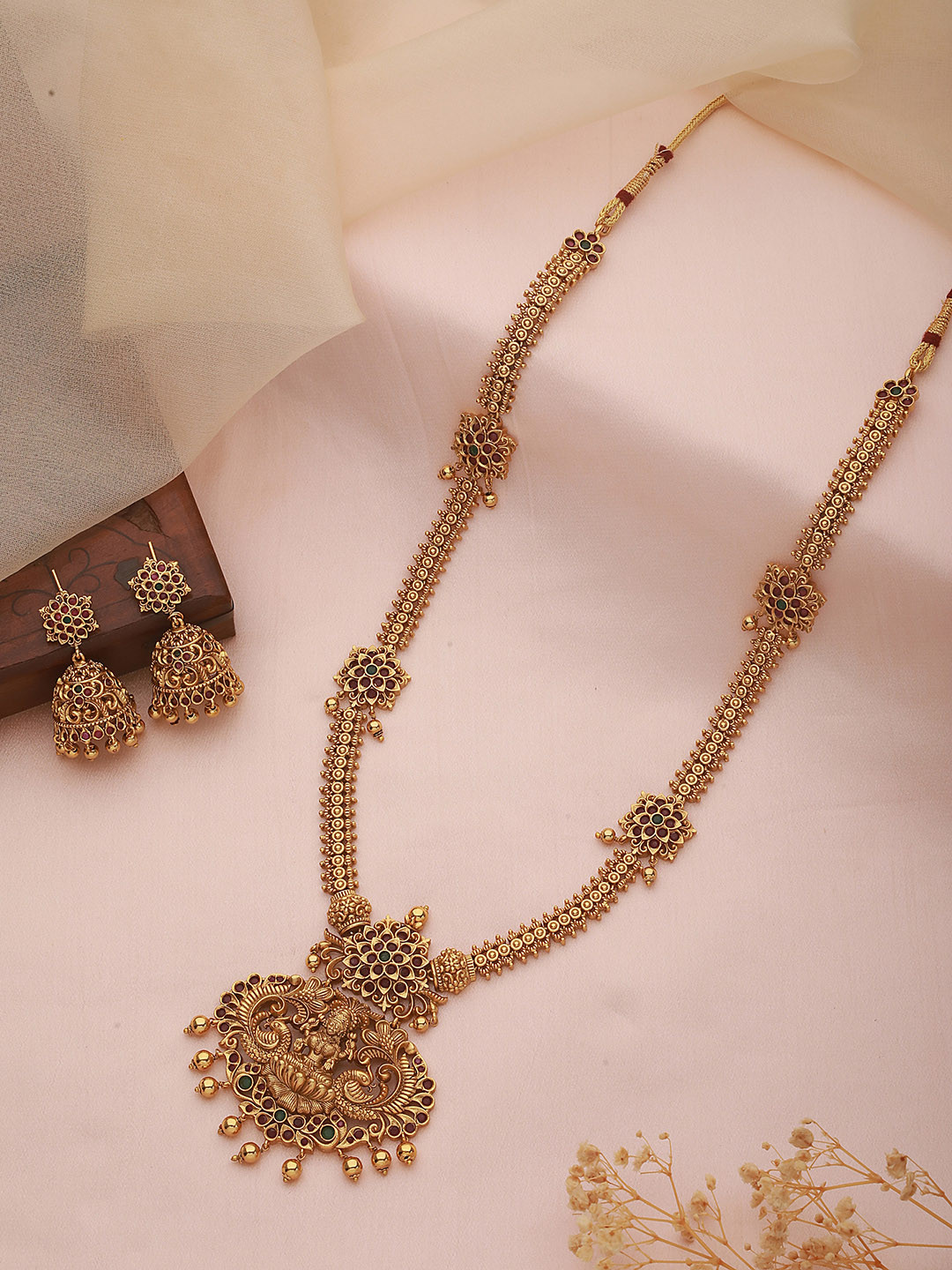 

Saraf RS Jewellery Gold-Plated AD-Studded Lakshmi Long Haram Jewellery set
