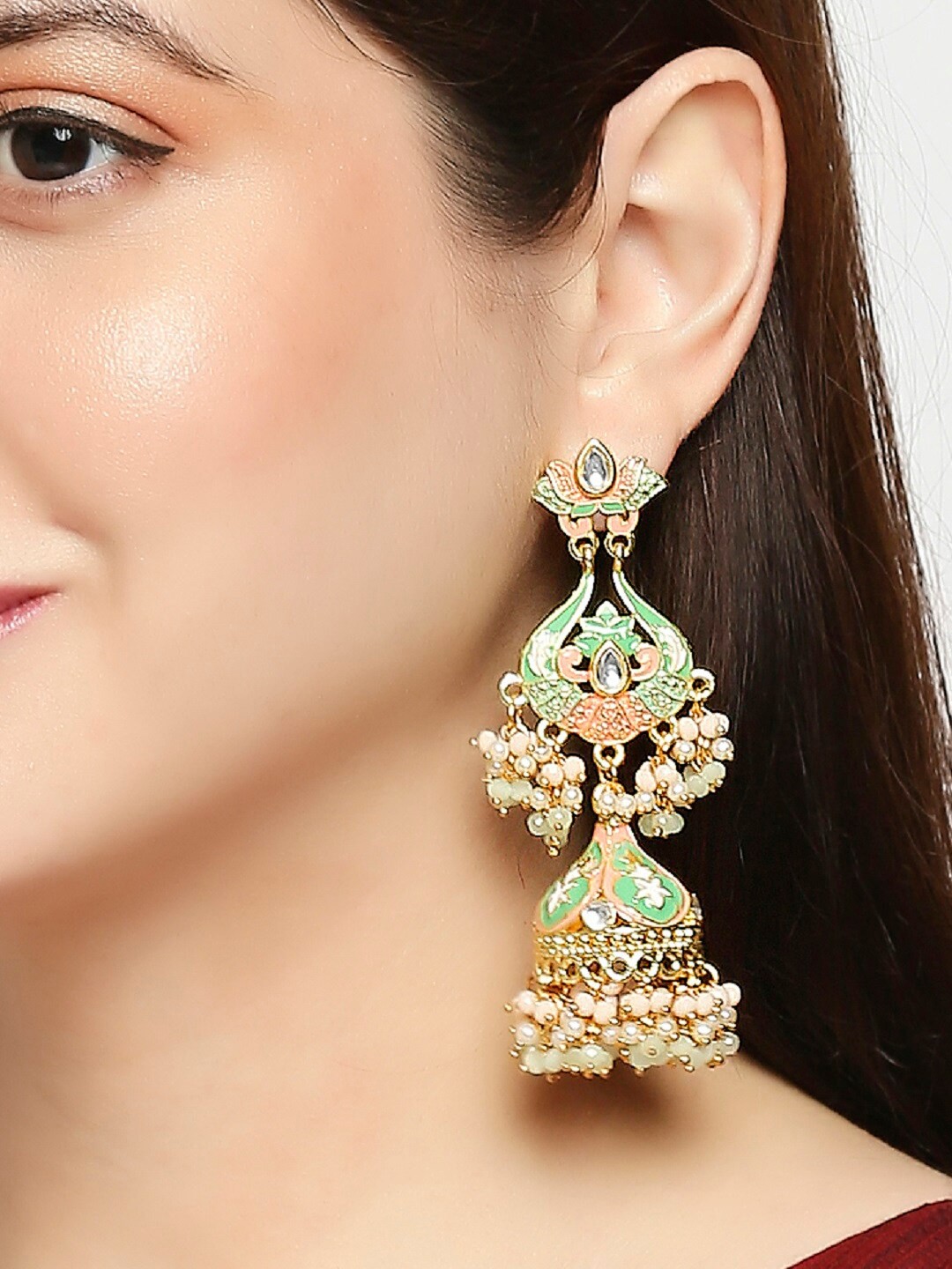 

OOMPH Meenakari Enamel & Kundan Floral Jhumkas Earrings, Green