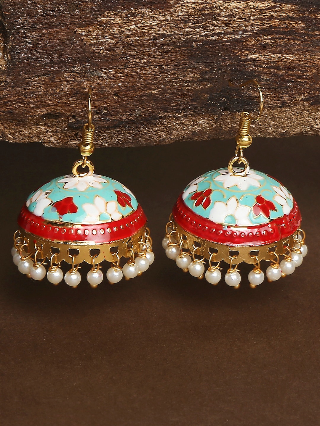 

OOMPH Meenakari Enamel Minimal Dome Shaped Jhumkas Earrings, Red