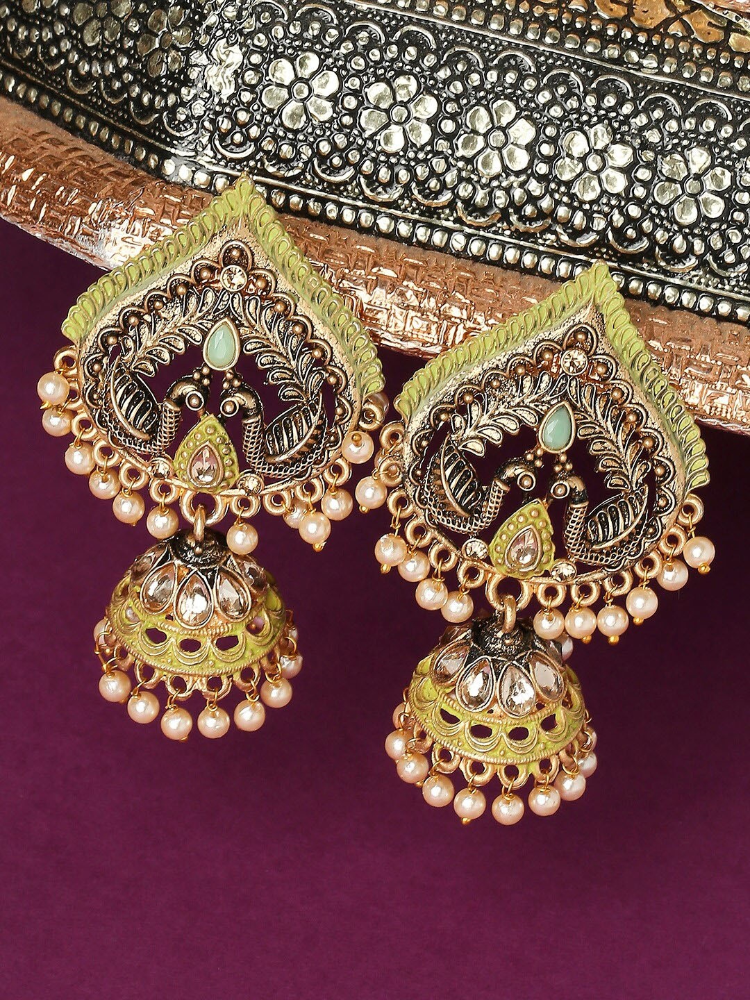 

OOMPH Peacock Shaped Kundan Jhumkas Earrings, Gold