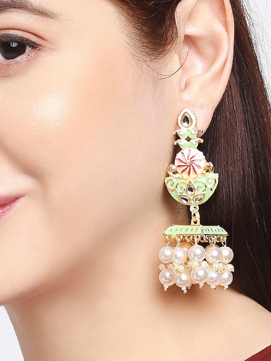 

OOMPH Meenakari & Kundan Floral Jhumkas Earrings, Green