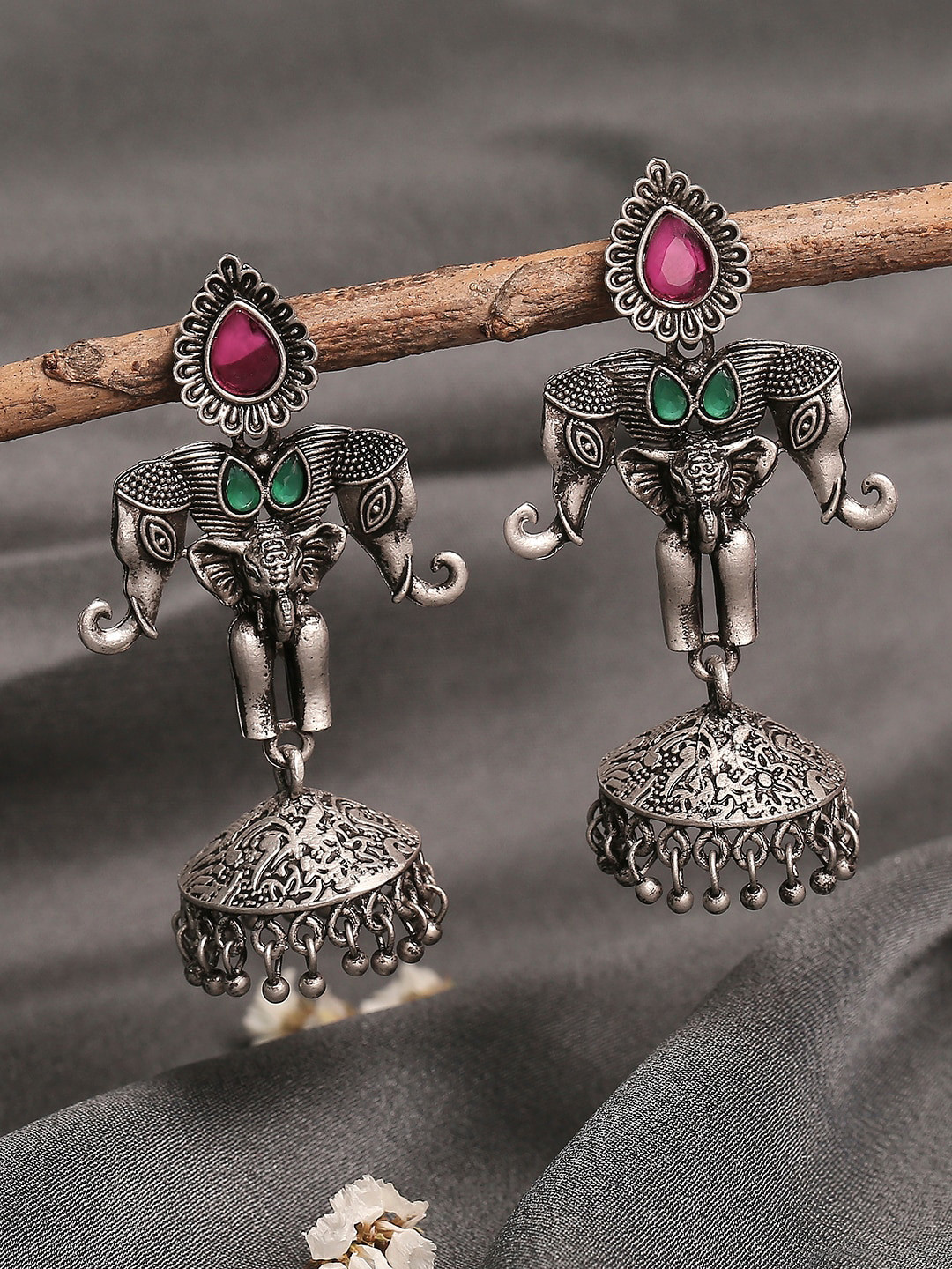 

OOMPH Silver-Toned Oxidised Dome Shaped Jhumkas Earrings