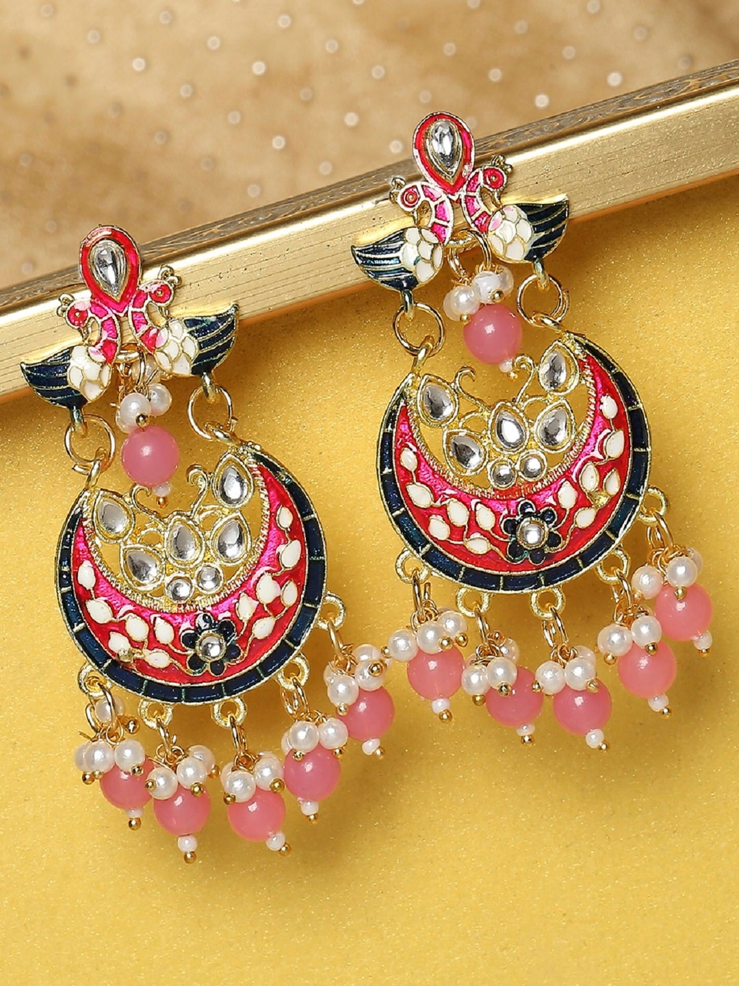 

OOMPH Gold-Toned Peacock Shaped Meenakari Chandbalis Earrings