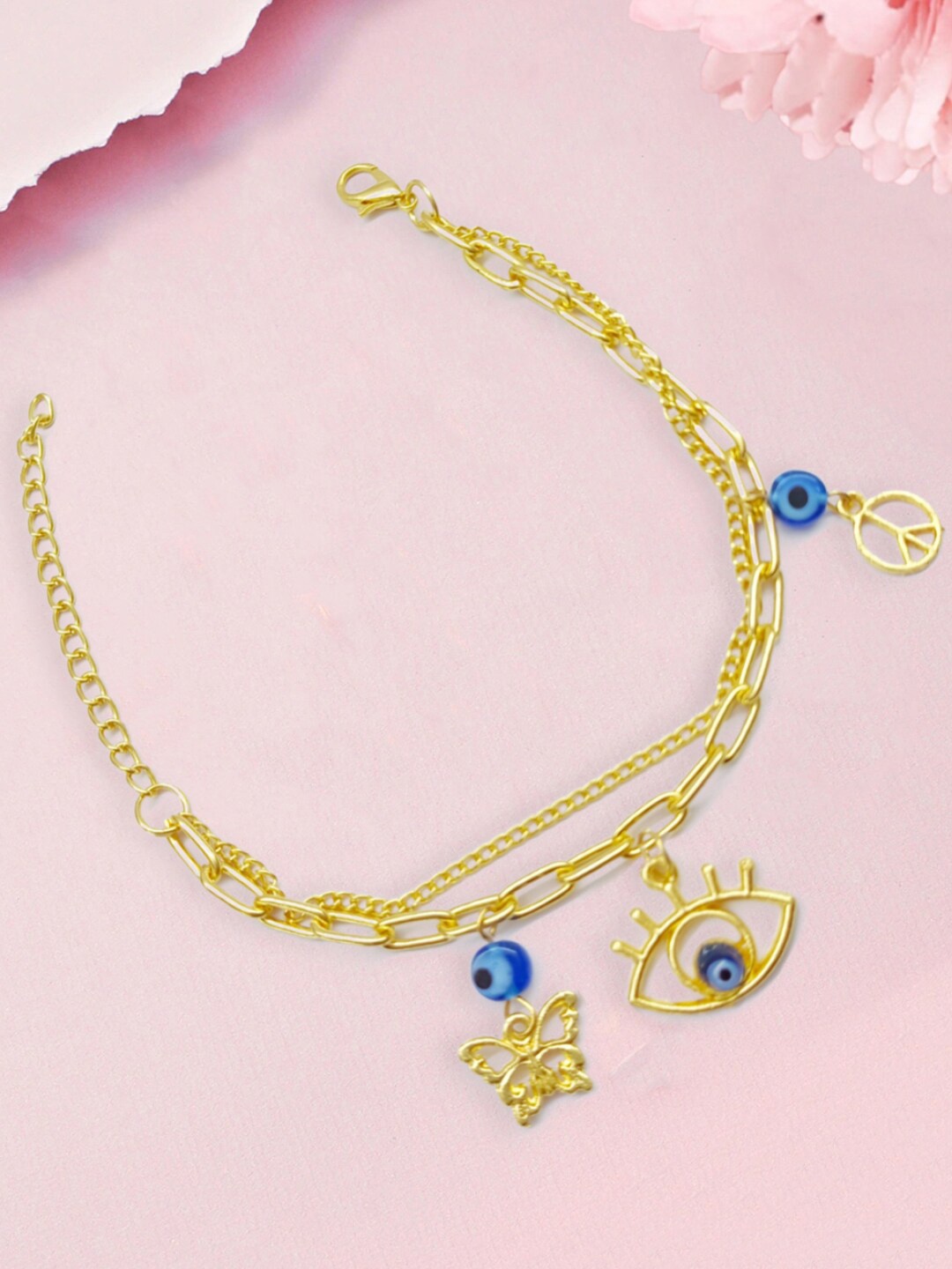 

OOMPH Women Gold-Toned & Blue Evil Eye Tasselled Multistrand Bracelet