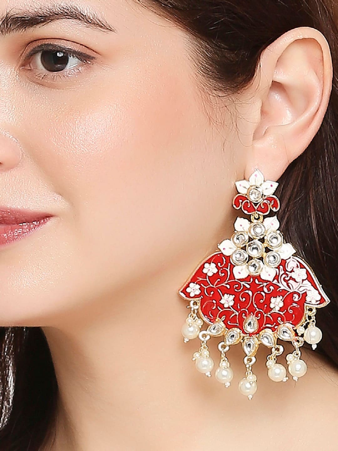 

OOMPH Meenakari & Kundan Floral Drop Earrings, Maroon