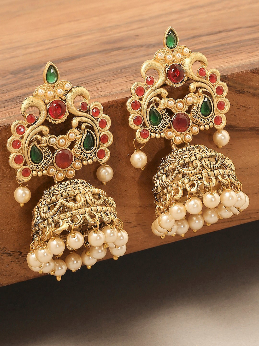 

OOMPH Gold-Toned Peacock Shaped Jhumkas Earrings