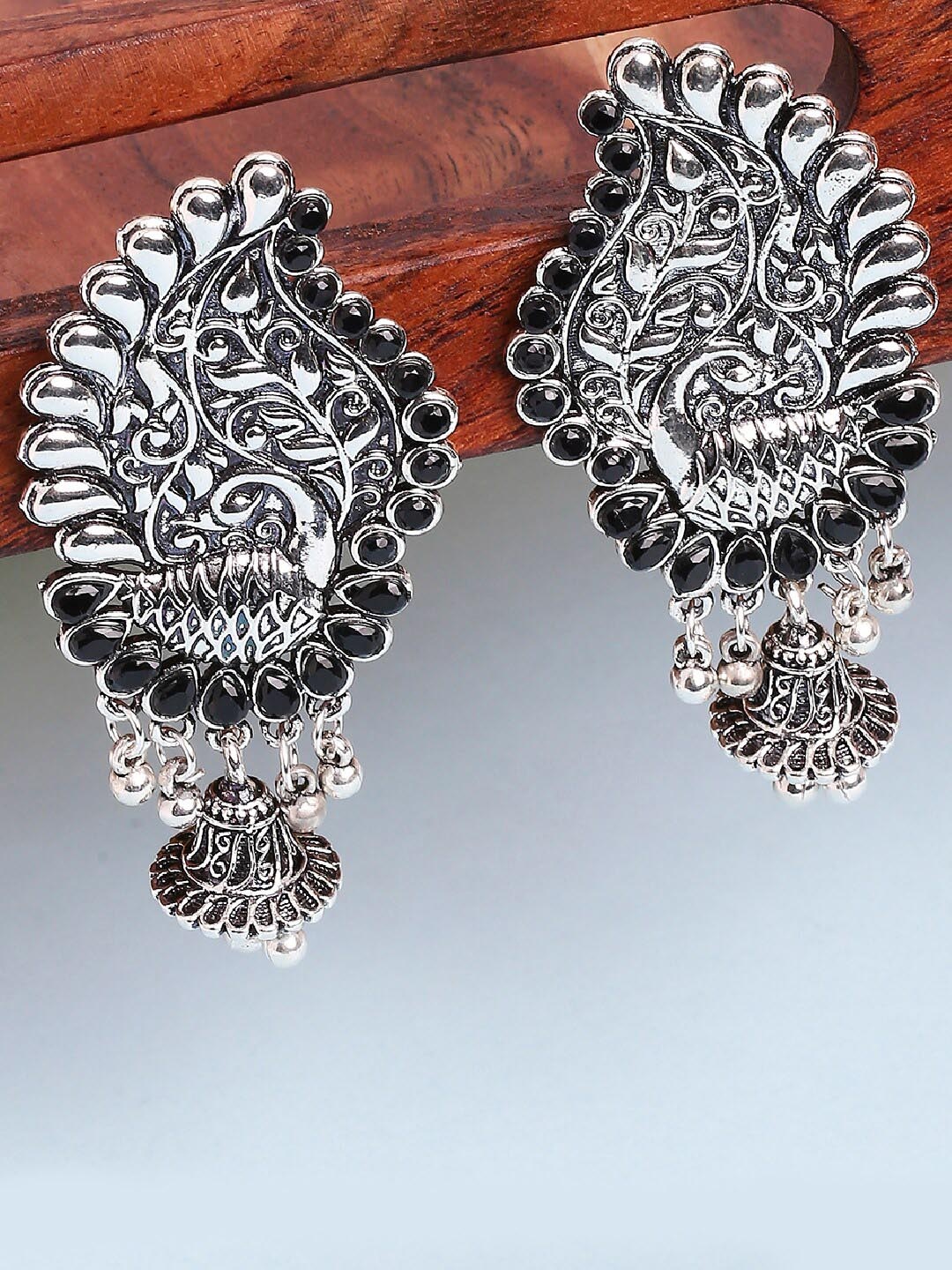 

OOMPH Women Oxidised Silver-Toned & Black Peacock Shaped Drop Earrings