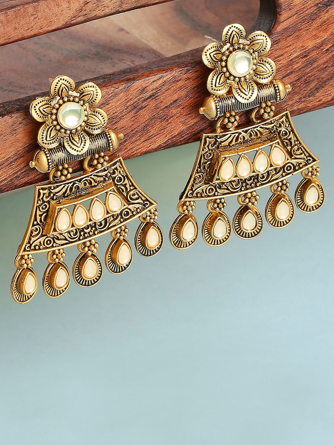 

OOMPH Gold-Toned Antique Floral Drop Earrings