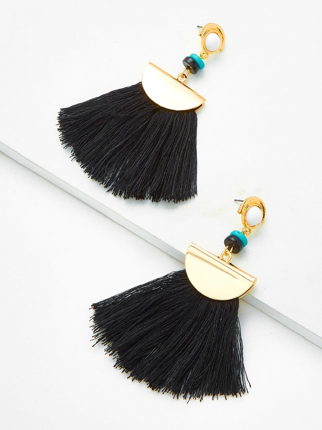 

OOMPH Gold-Toned Tassel Contemporary Drop Earrings, Black