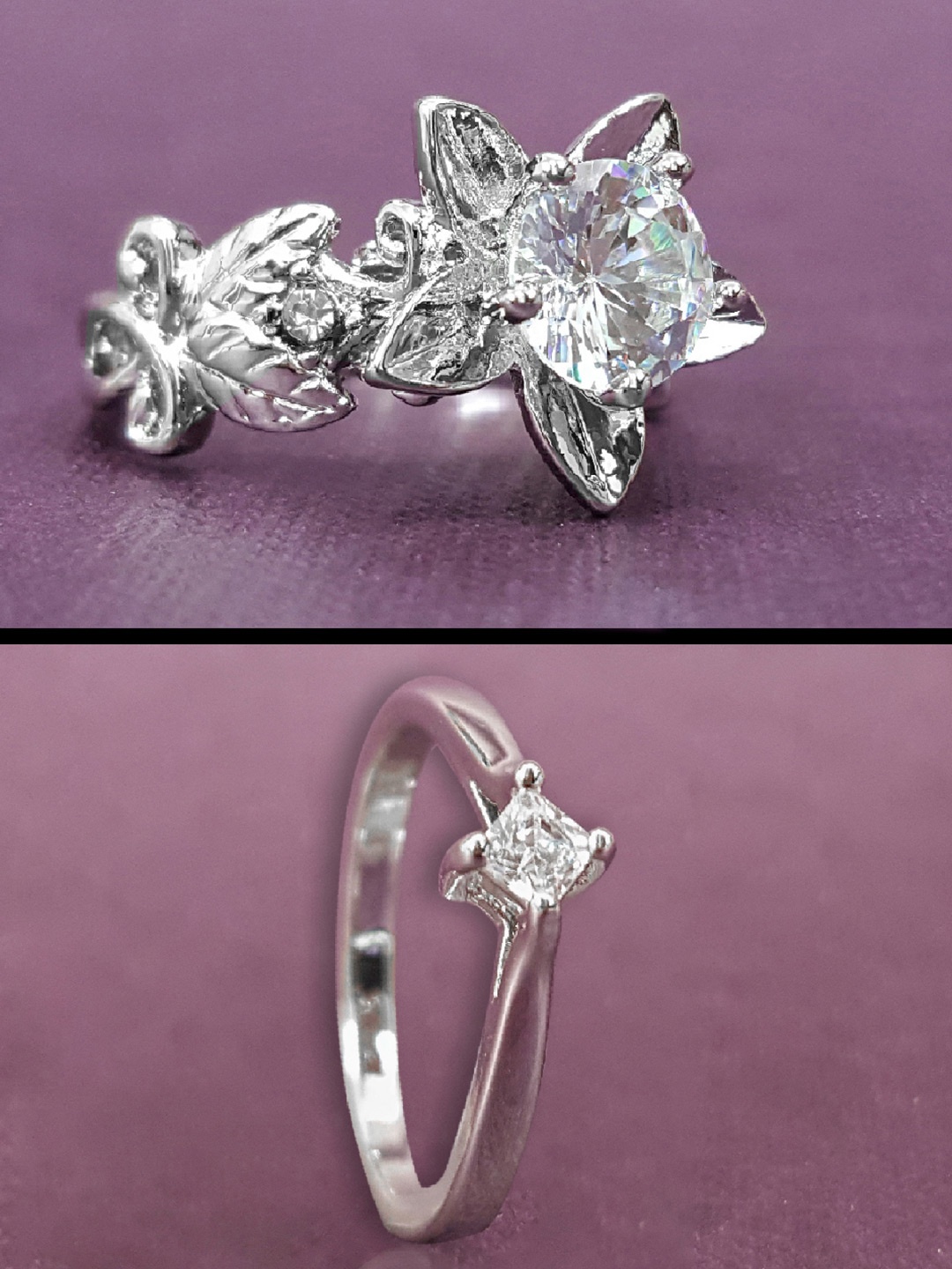 

OOMPH Set of 2 Silver-Toned CZ Stone-Studded Finger Ring